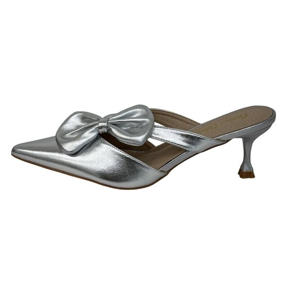 CHASE + CHLOE / Idra-3 / Silver / Pointed / Toe Mule Heels / With Bow Detail Kit - Picture 3 of 9
